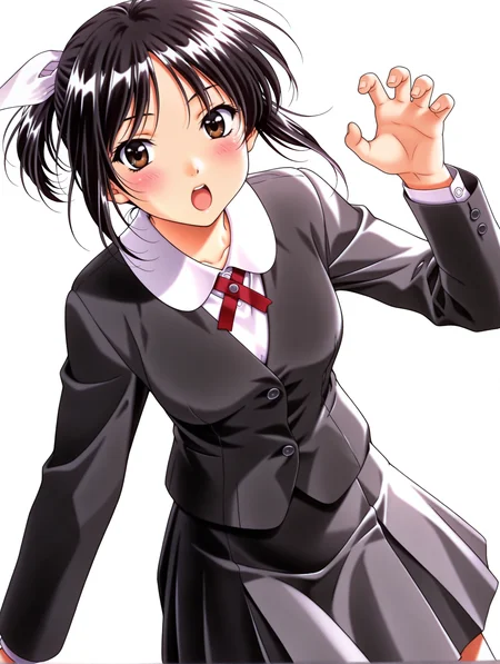 masterpiece,best quality,newest,
1girl,solo,
<lora:morii_kaho_ilxl_v1.0:1>,kaho,black hair,white hair bow,ponytail,brown eyes,k_clothes,jacket,long sleeves,pleated skirt,
<lora:Fixhands_anime_bdsqlsz_V1:1>,front view,dynamic_angle,face_focus,kind_smile,open mouth,blush,profile,twin braids,claw pose,white_background,simple_background,looking_at_viewer,