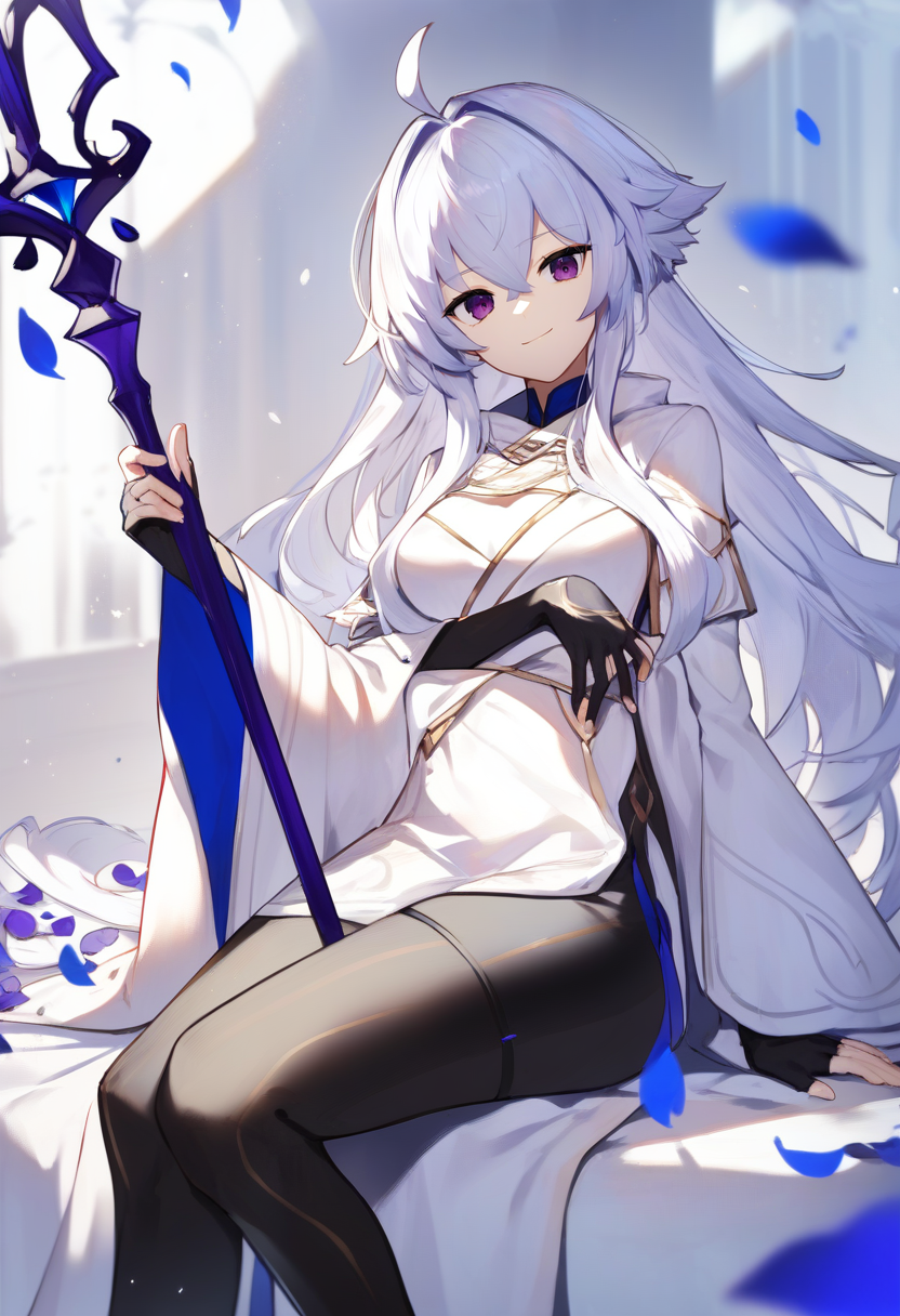 score_9, score_8_up, score_7_up, score_6_up, <lora:DPOXL:1> <lora:scottieXL_JS2_lokr_V1225:1> 1girl, merlin \(fate/prototype\), long hair, solo, smile, ahoge, staff, looking at viewer, white hair, white robe, black pants, holding staff, wide sleeves, breasts, very long hair, black gloves, purple eyes, bangs, gloves, thighs, long sleeves, fingerless gloves, medium breasts, pants, petals, robe, sitting, holding, knee up