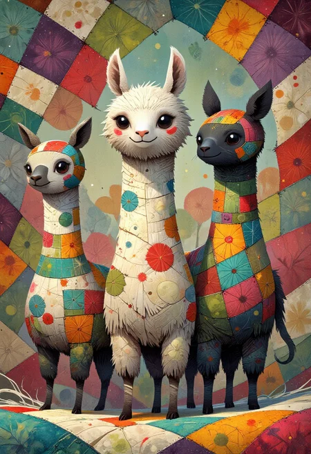 ppstorybook fantasy, Three different colored alpacas made out of patchwork fabric standing on a comfy patchwork blanket. They look very fluffy. Overall, the picture creates a feel-good atmosphere for the viewer.