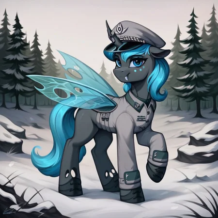 masterpiece, score_9_up, score_8_up, score_7_up, score_6_up, (best quality:1.1), ultra-detailed, high resolution, solo, Carolina Phymata, changeling oc, female, mlp, feral, gray skin, (short blue mane:0.8), ((beautiful detailed blue eyes)), long eyelashes, eyebrows, blue freckles, blue insect wings, tail, single horn, smile, (fang, fang out), ears, white military uniform, military patches, peaked cap, detailed facial features, full body, expressiveh, highly visible, sharp focus, anatomically correct, detailed background, outside, outdoors, outdoors, spruce forest in the background, winter, snow