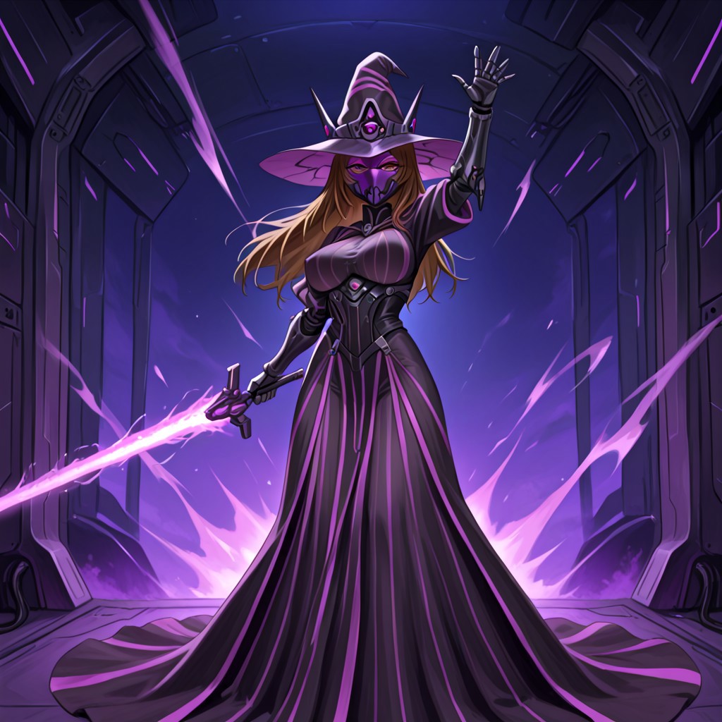 kozmoll dark lady, Witch hat, futuristic clothes, raised hand, metal helmet, masked helmet, glowing purple mask, detailed facial features, long brown hair, long dress, black and purple striped clothes, large breasts, metal gauntlets, holding purple energy sword,