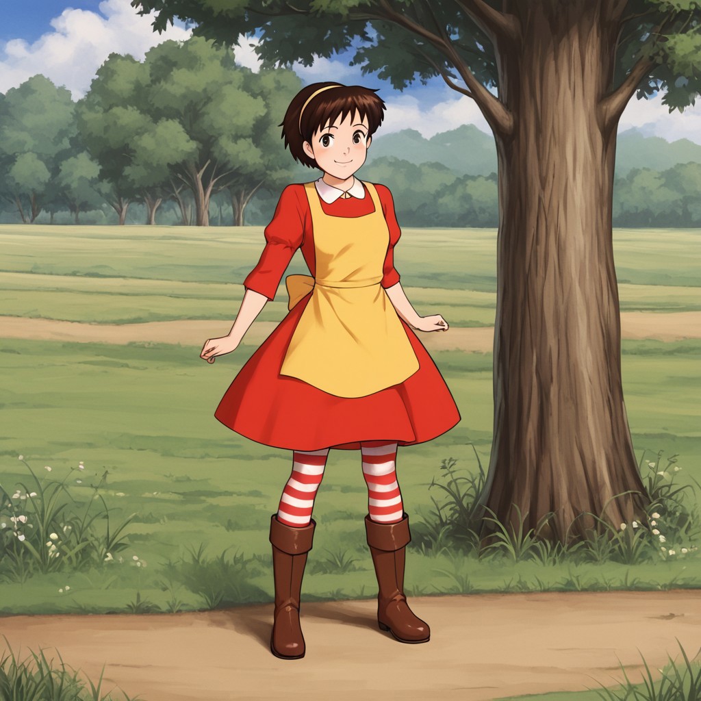 1girl, solo, Annie, brown hair, short hair, hairband, brown eyes, dress, red dress, apron, yellow apron, striped, striped pantyhose, pantyhose, boots, smile, full body, standing, meadow, front view