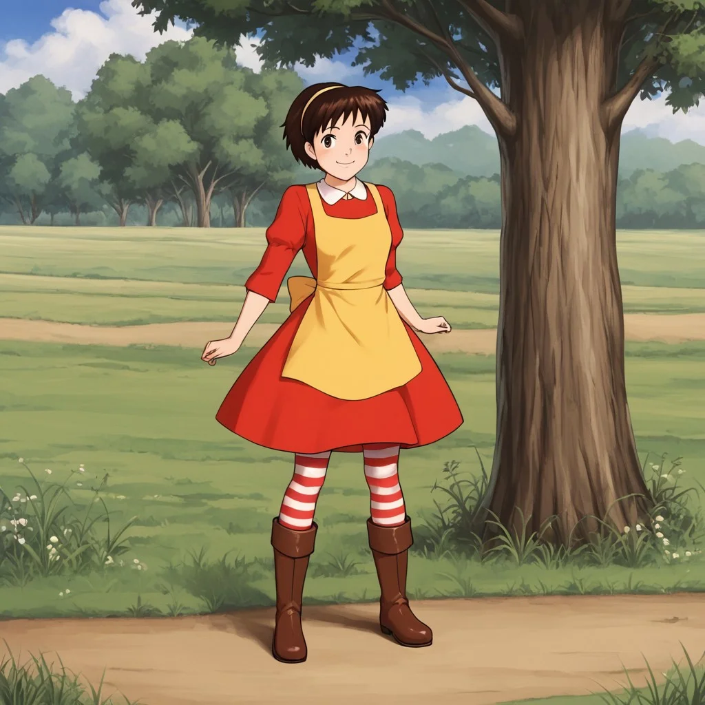 1girl, solo, Annie, brown hair, short hair, hairband, brown eyes, dress, red dress, apron, yellow apron, striped, striped pantyhose, pantyhose, boots, smile, full body, standing, meadow, front view