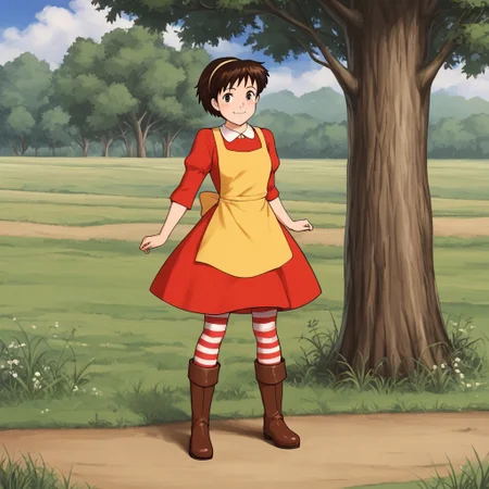 1girl, solo, Annie, brown hair, short hair, hairband, brown eyes, dress, red dress, apron, yellow apron, striped, striped pantyhose, pantyhose, boots, smile, full body, standing, meadow, front view
