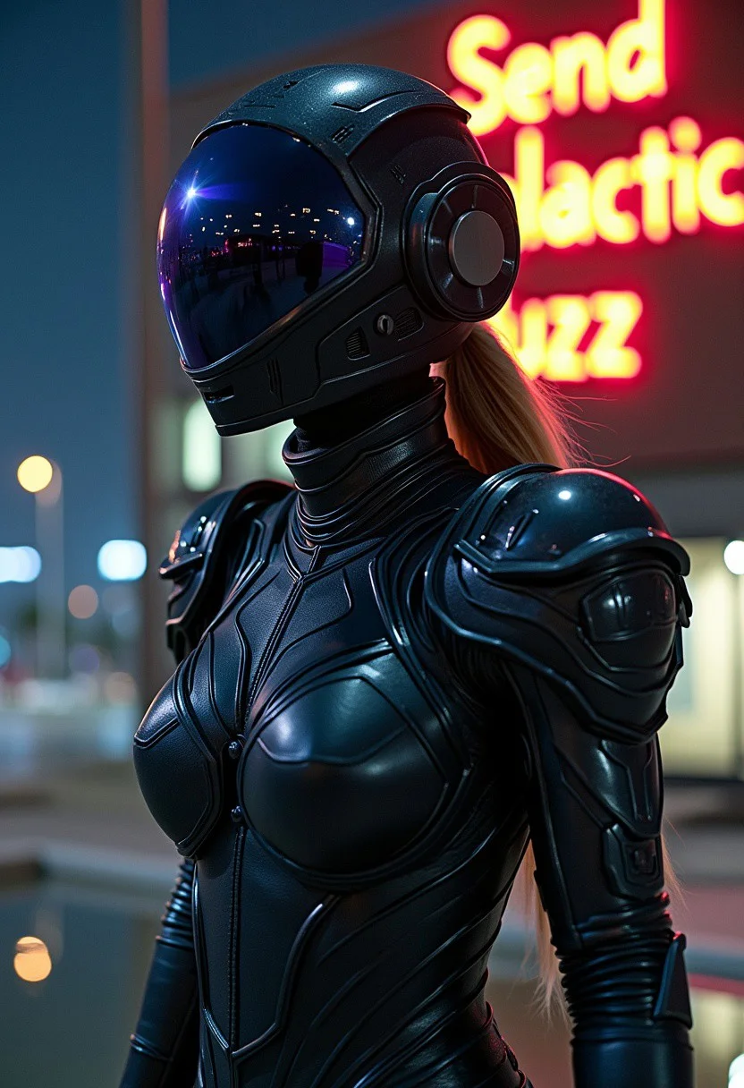 Female, superhero, fully dressed, goddess, doing shores, night, cosmic, galactic, (extremely detailed overall:1.5), closer, upper body, portrait, mega armor, black piano color amor, faceless helmet, portal, galactic nova, (night city:1.5), (far back outdoor with glowing letters that form the following phrase written 'Send galactic Buzz' with letter out of height)