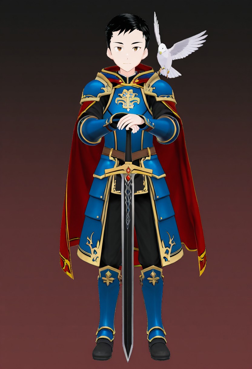 harmard, black hair, short hair, brown eyes, 1boy, solo, solo focus, young, youthful, he is dressed in a suit of dark iron platemail. Break. he is holding up a black coloured sword. Properly holding the sword by the hilt, his armour bears a crest of a yellow dove. fantasy armour. stylized silver dove emblems and symbols on armour and sheild. Break. epic background is a a beautiful palace. a strong wind is blowing his cape, blue armour