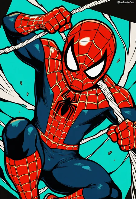 by wwdenslow, masterpiece, best quality, absurdres, highres, new, amazing quality, 1boy, superhero-costume, spider-man, swinging