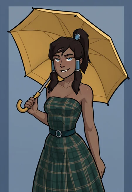 Relatedguy, Korra, hair tubes, 1girl, plaid clothes, plaid dress, brown dress, green dress, strapless dress, umbrella