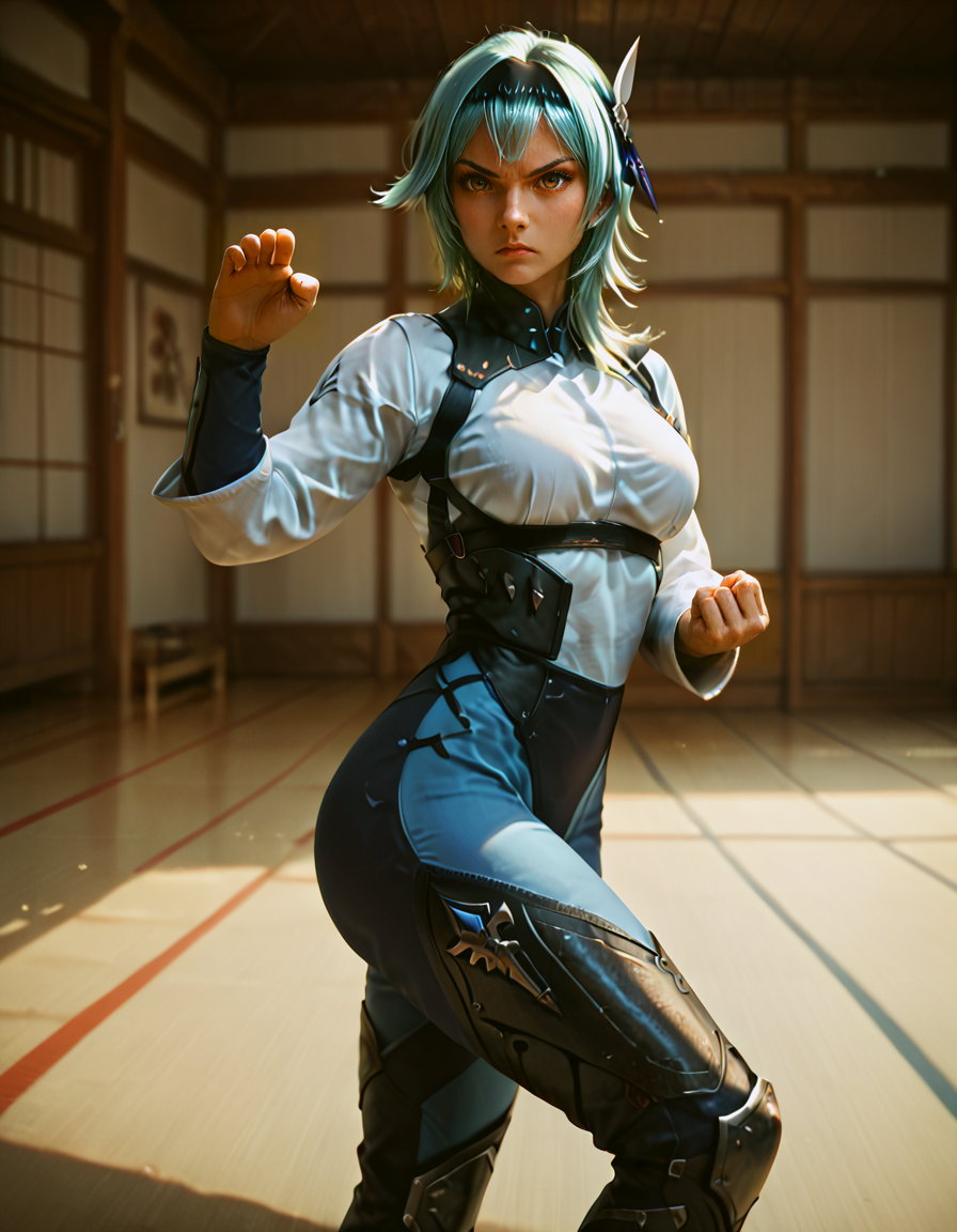 score_9, score_8_up, score_7_up,
clenched fist,hand up,shuto uke fighting stance, eula,on side, one leg ahead,
serious, focused,looking at viewer,
facing viewer,
armor, thighboots,
dojo  background,
 <lora:shuto-uke:0.8>
