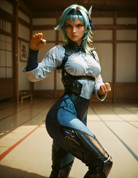 score_9, score_8_up, score_7_up,
clenched fist,hand up,shuto uke fighting stance, eula,on side, one leg ahead,
serious, focused,looking at viewer,
facing viewer,
armor, thighboots,
dojo  background,
 <lora:shuto-uke:0.8>
