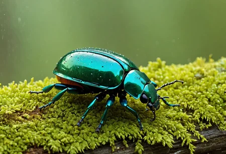 Cinematic, Cinematic Lighting, Cinematic Shot, extremely detailed, Film Still, macro photography, depth of field, high detail, hires textures, incredibly detailed, intricate details, intricate diorama, masterpiece, Movie Still, outstanding intricacies, photorealism, true masterpiece, fountain background, glamourous, Stately, scarab beetle, rain beetle, cry5t415ku11, Pleocoma badia, Pacific Northwest conifer forest, sitting on a rotten log with moss and fungi.