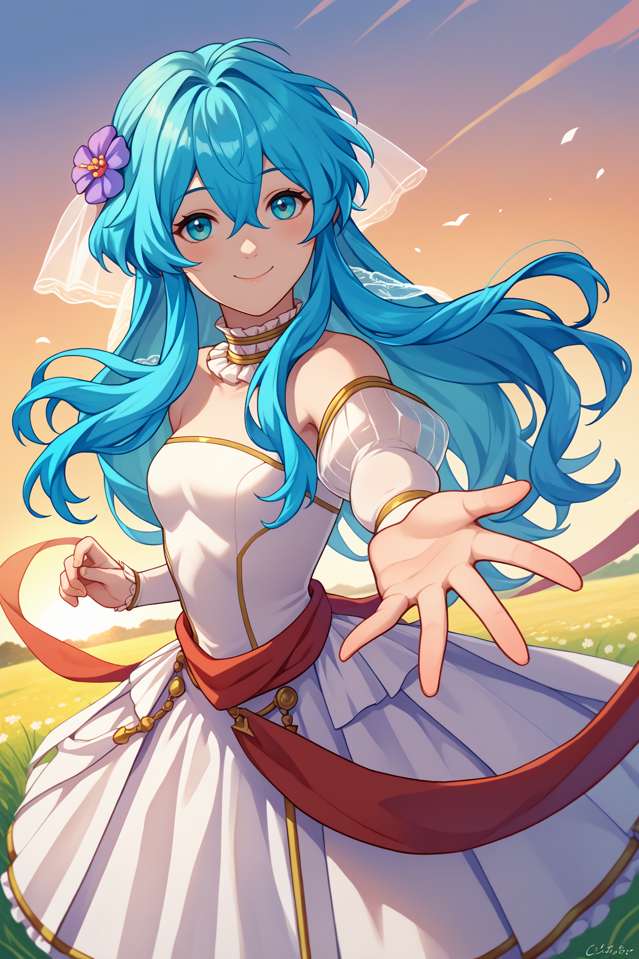 score_9, score_8_up, score_7_up, score_6_up, source_anime, 1girl, solo  <lora:brideririka-pdxl-nvwls-v1-000005:1> brdEir, cyan hair, long hair, hair between eyes, hair flower, hair ornament, bridal veil, wedding dress, outstretched hand, from side, looking at you, happy, smile, closed mouth, blush, sunset, field