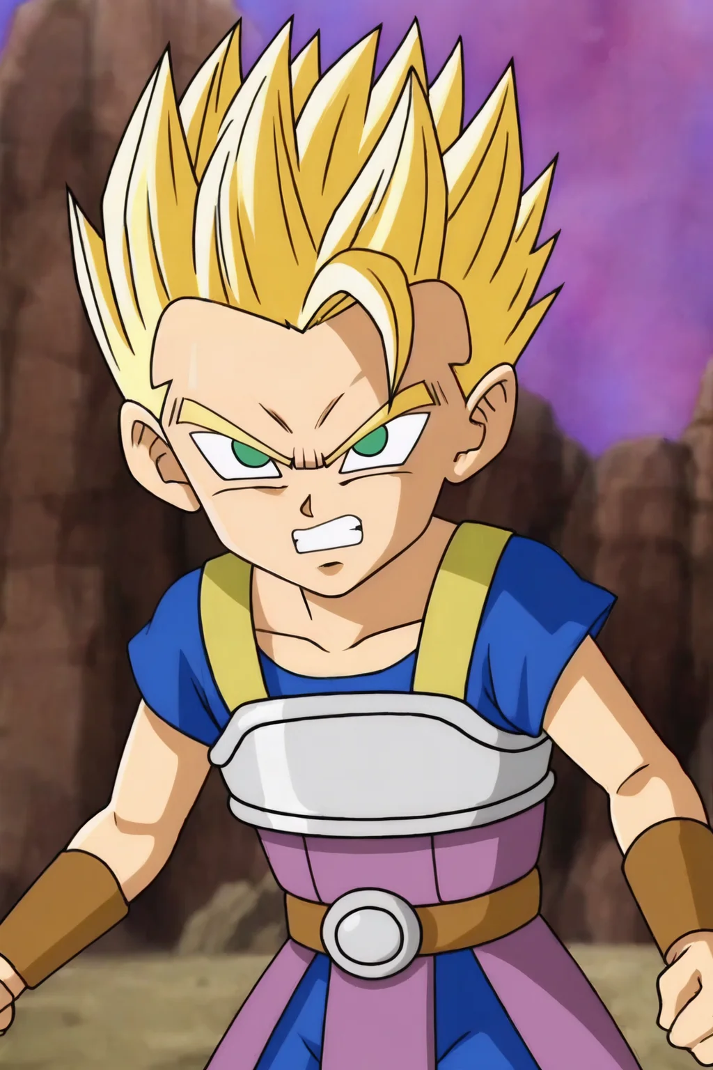 source_anime, score_9, official style, anime screencap,
cabba, super saiyan, blonde hair, green eyes, spiked hair, golden aura,
solo,1boy, male focus, collarbone, cowboy shot, clenched hands, clenched teeth, angry,
blue shirt, short sleeves, saiyan armor, purple tunic, brown belt, blue shorts,
v-shaped eyebrows, v-shaped eyes, blurry background, rock, purple sky
<lora:cabba_pony_v1:0.8>
