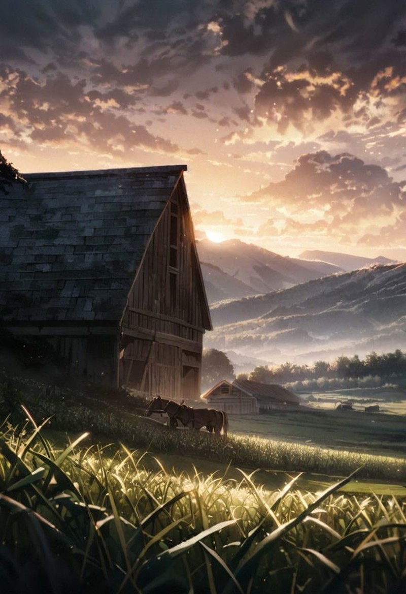 detailed background, (Calm spring night landscape), amongst lush greenery, beautiful view, corn farm, early morning, sunrise sky, beautiful clouds, dappled sunlight, outdoor seating, barn, Snow-capped mountains, white clouds, depth of field, masterpiece, best quality, ultra-detailed, very aesthetic, illustration, perfect composition, intricate details, absurdres, moody lighting, wisps of light, no humans, RAW Photography, lens flare, low wide angle,, (sharpness in detail:1.1), Canon EOS 5D Mark IV, masterpiece, (iconic photograph:1.4), (visual storytelling:1.2), film grain, award winning