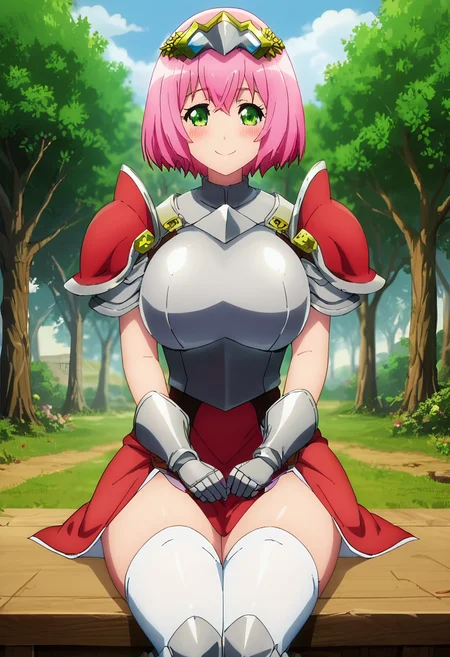 PonyXLV6_Scores ,source_anime, masterpiece,best quality, highly detailed,<lora:xl_more_art-full_v1:0.8>,cinematic,unity 8k wallpaper, amazing quality, masterpiece, best quality, hyper detailed, ultra detailed, UHD, perfect anatomy,<lora:anime_screencap:1>fine anime screencap_xl, anime screencap
BREAK
<lora:hana:0.8>hana,1girl,armor, solo, pink hair, weapon, green eyes, smile, short hair, looking at viewer, shoulder armor, breastplate, pauldrons, gloves, thighhighs, blush,cowboy shot,goggles on head, tree,curvy,huge breasts,sitting,village