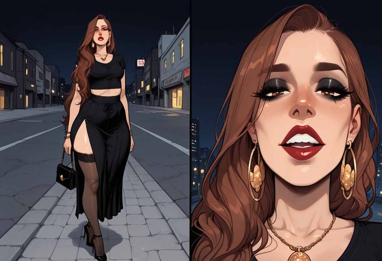 score_9_up, score_8_up, score_7_up, masterpiece, best quality, incoth, (incase:0.6), very aesthetic, (dynamic:1).
1girl, solo,, detailed face, larkaf ,1woman, sensual, 30 years old, arab nose, wide nose, brown eyes, long eyelashes, small breasts, wide hips,  huge ass, very long brown hair, Voluminous hair, thick thighs. tall round face, big frontal teeth 
dramatic.
seductive look, confident, eyes open
night makeup, red lips,
big golden round earrings, bracelets, necklace, black purse with gold ornaments,  small black tight crop top, loose black high waisted long cloth skirt,  thigh high stockings, Black high heels with red soles
walking alone on the sidewalk , giving the viewer a kiss
outdoors, night lights, city night on background, (close up, bust shot)