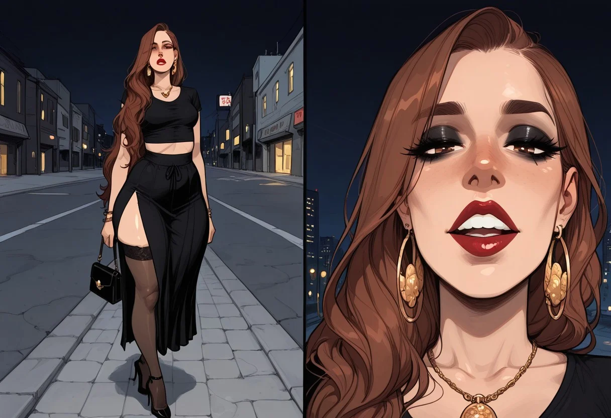 score_9_up, score_8_up, score_7_up, masterpiece, best quality, incoth, (incase:0.6), very aesthetic, (dynamic:1).
1girl, solo,, detailed face, larkaf ,1woman, sensual, 30 years old, arab nose, wide nose, brown eyes, long eyelashes, small breasts, wide hips, huge ass, very long brown hair, Voluminous hair, thick thighs. tall round face, big frontal teeth
dramatic.
seductive look, confident, eyes open
night makeup, red lips,
big golden round earrings, bracelets, necklace, black purse with gold ornaments, small black tight crop top, loose black high waisted long cloth skirt, thigh high stockings, Black high heels with red soles
walking alone on the sidewalk , giving the viewer a kiss
outdoors, night lights, city night on background, (close up, bust shot)