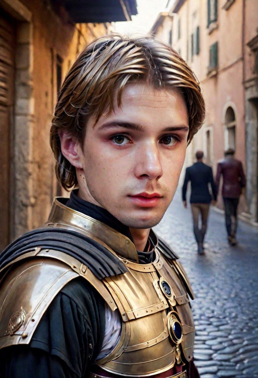 Portrait Photo a portrait, natural and hyperdetailed photography, a  man armor Star Wars in old of Rome, 
in street in city, realistic dark blonde hair, very detailed Clothes, (precise image:1.4) , pale skin,(many details in background)(cinematic ambient:1.4) (perfil:1.3)