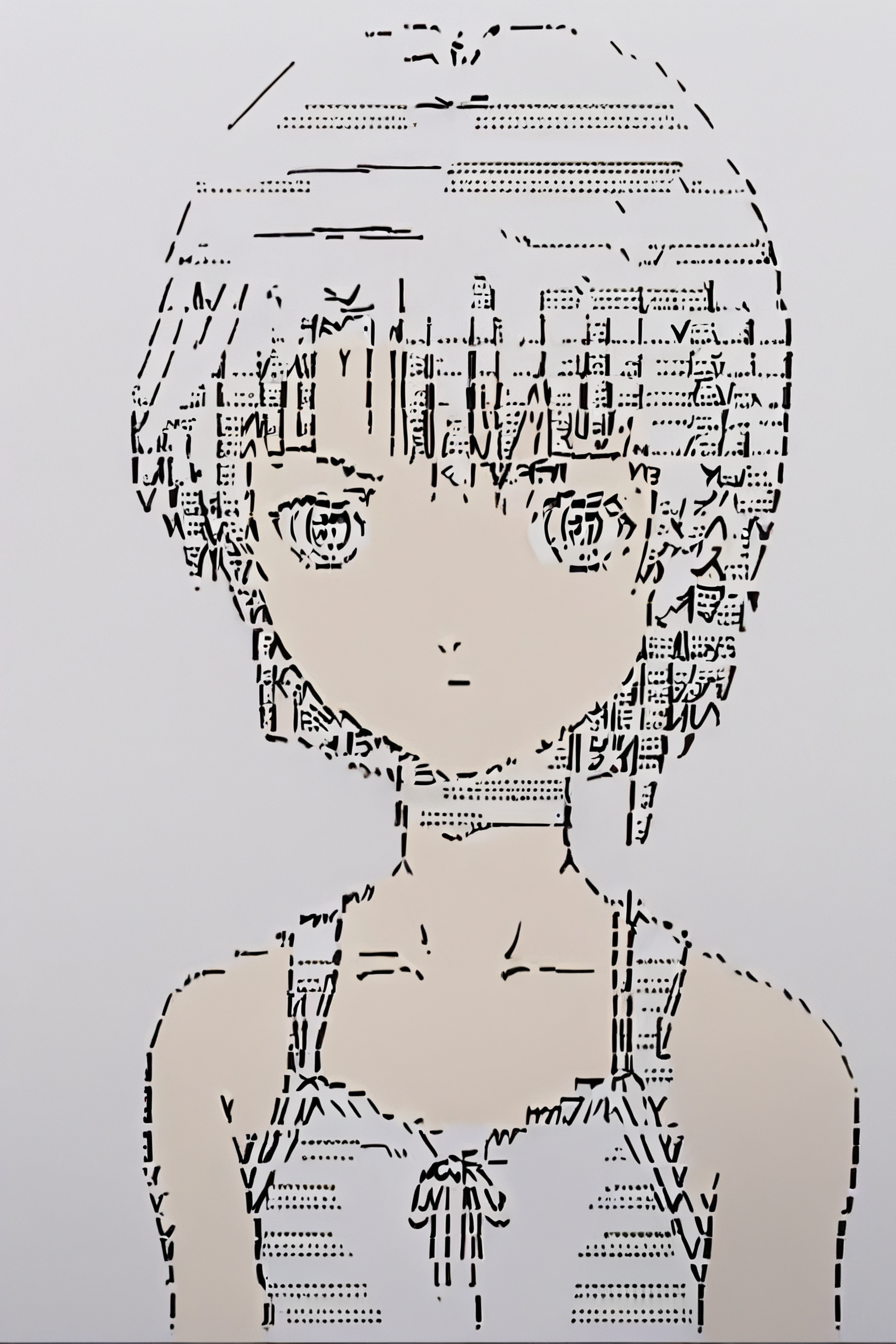 score_9, score_8_up, score_7_up, score_6_up, score_5_up, score_4_up,   <lora:Lain_PonyXLv3:0.8> , Lain, 1girl, solo, anime screencap, camisole, 1girl, <lora:ascii_character:1>,  ascii_art_style, monochrome, greyscale, masterpiece, highres, white background, simple background