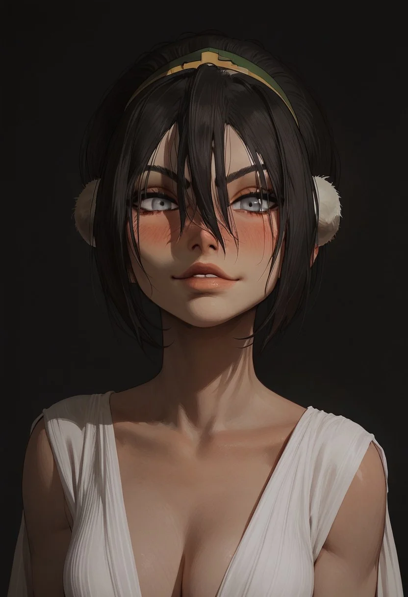 score_9, score_8_up, score_8. score_9, score_8_up, score_7_up, score_6_up, masterpiece, 4k, high quality, (best quality:1.1), ExpressiveH,(close up)
1girl, solo, 1girl, toph, bangs, black hair, blind, grey eyes, hair between eyes, hair bun, hairband, short hair, medium breasts, blushing, looking at viewer, seductive smile, g0dd3ss, white dress, cleavage
black background