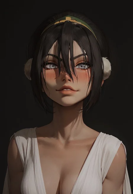 score_9, score_8_up, score_8. score_9, score_8_up, score_7_up, score_6_up, masterpiece, 4k, high quality, (best quality:1.1), ExpressiveH,(close up)
1girl, solo, 1girl, toph, bangs, black hair, blind, grey eyes, hair between eyes, hair bun, hairband, short hair, medium breasts, blushing, looking at viewer, seductive smile, g0dd3ss, white dress, cleavage
black background