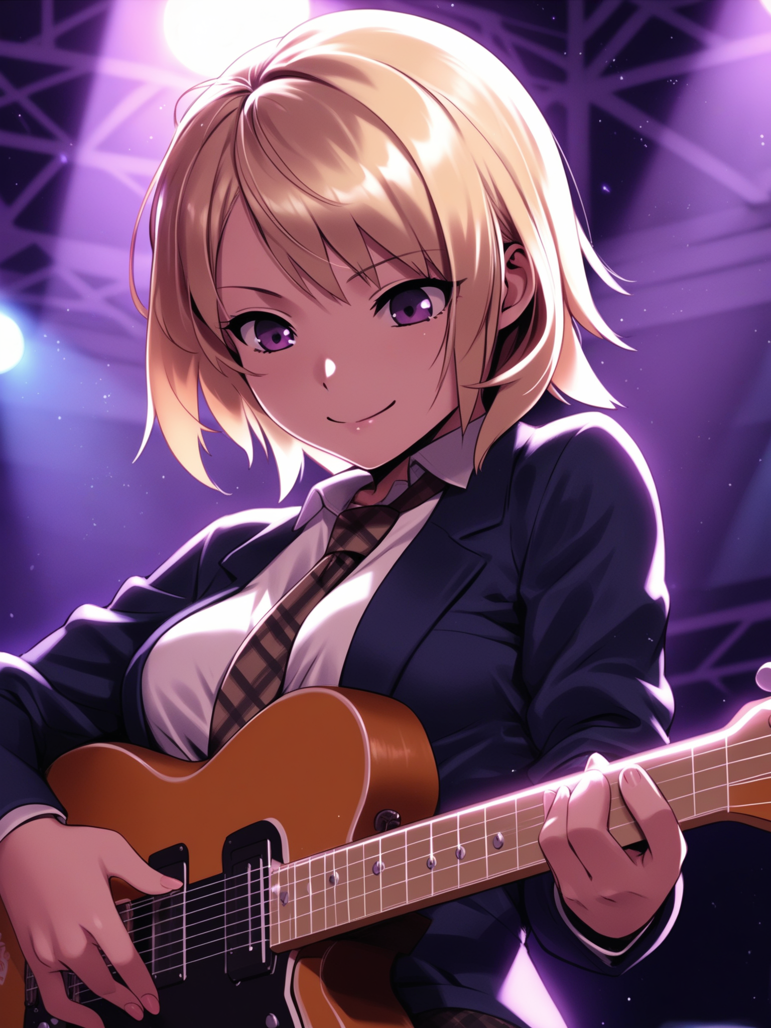 <lora:happy_tentacle-lovebeat-v0.2-000036:1>, ht_lovebeat, blonde hair, purple eyes, collared shirt, blazer, pleated skirt, plaid skirt, plaid necktie, garter straps, thighhighs, knee boots, lace-up boots, stage, playing instrument, holding instrument, guitar, amplifier , 1girl, solo, upper body , , ( seductive smile :1.1), , looking down , , , score_9, score_8_up, score_7_up, score_6_up, score_5_up, score_4_up