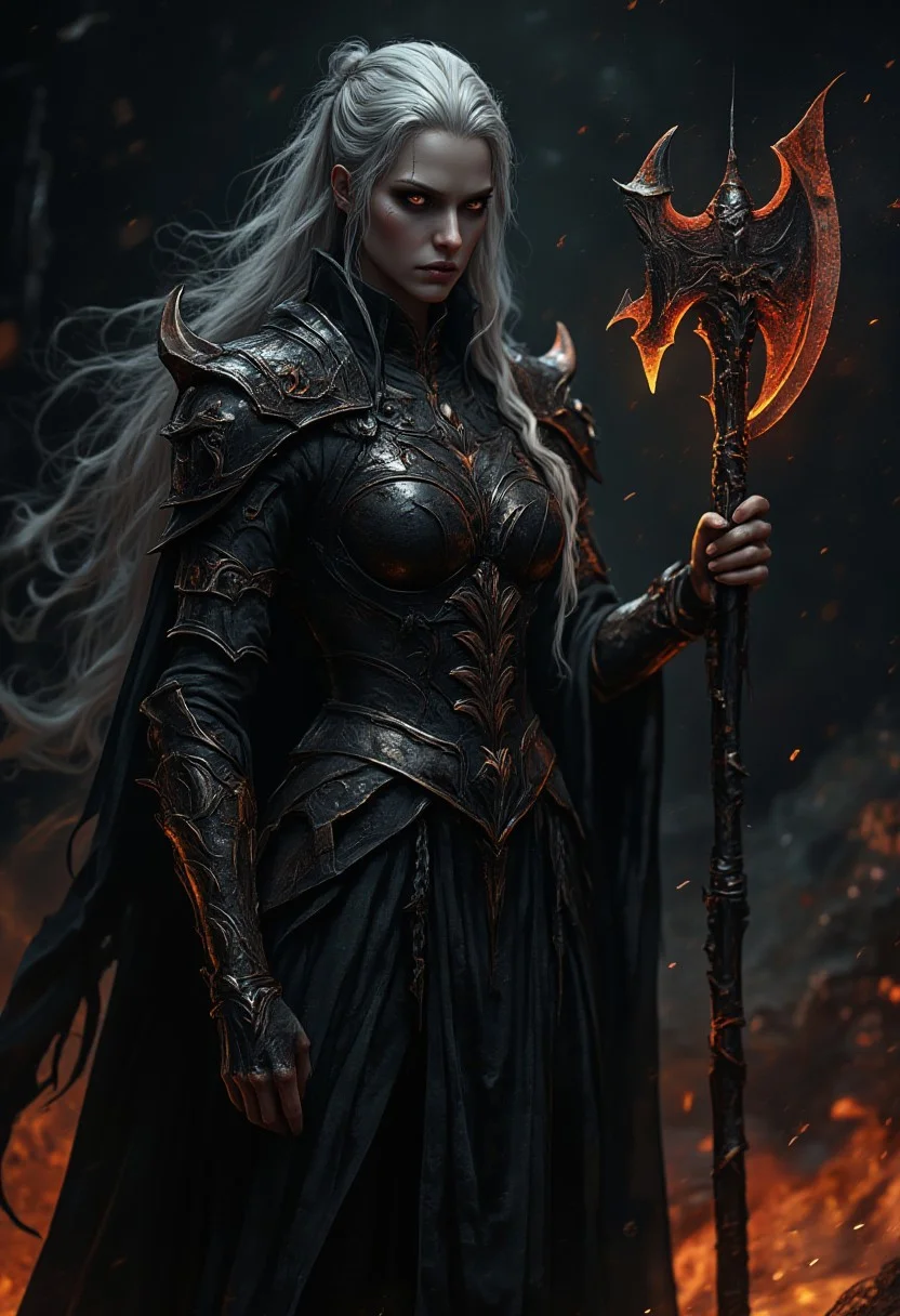 horror show, monster, nightmare, fear,
“A Realistic women with tungsten black steel armor, Holding a glowing axe,human face,long white hair, perfectly detailed,Super detail face,high details on face,realistic face, character highly detailed, character sheets, Detailed, sharp focus, Super detailed full body, 32k resolution, Only a reality graphic,epic background,epic pose,horror,high resolution,Resonance,fire and ash background. The setting is a dark, gothic environment that enhances the creature’s eerie and mythical nature. The style is inspired by *The Witcher 3: Wild Hunt* for its deep mythical lore and dark fantasy elements.