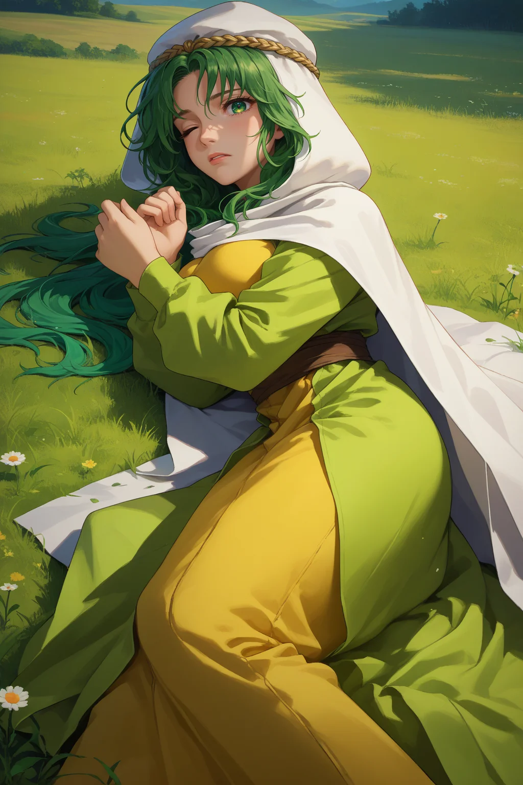 score_9, score_8_up, score_7_up, score_6_up, source_anime, 1girl, solo, <lora:fesafy-pdxl-nvwls-v1-000005:1> safy, green hair, long hair, green eyes, hood, white cloak, green dress, long dress, big breasts, lying on side, wince, on ground, field, defeated, looking at you, narrow pupils