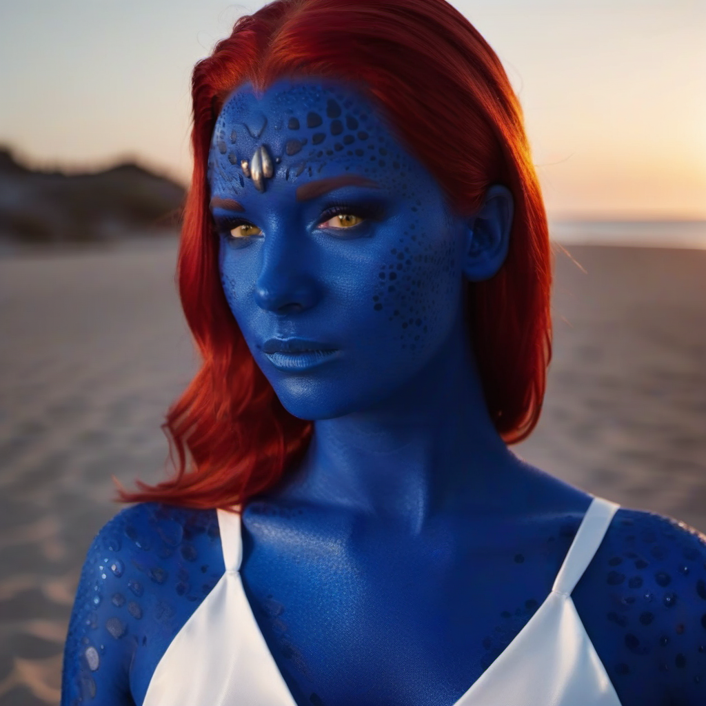 cinematic close up face portrait of woman with blue body paint and red hair, white dress with a belt, beach, sunset <lora:Mystique1024:0.8> . 35mm photograph, film, bokeh, professional, 4k, highly detailed