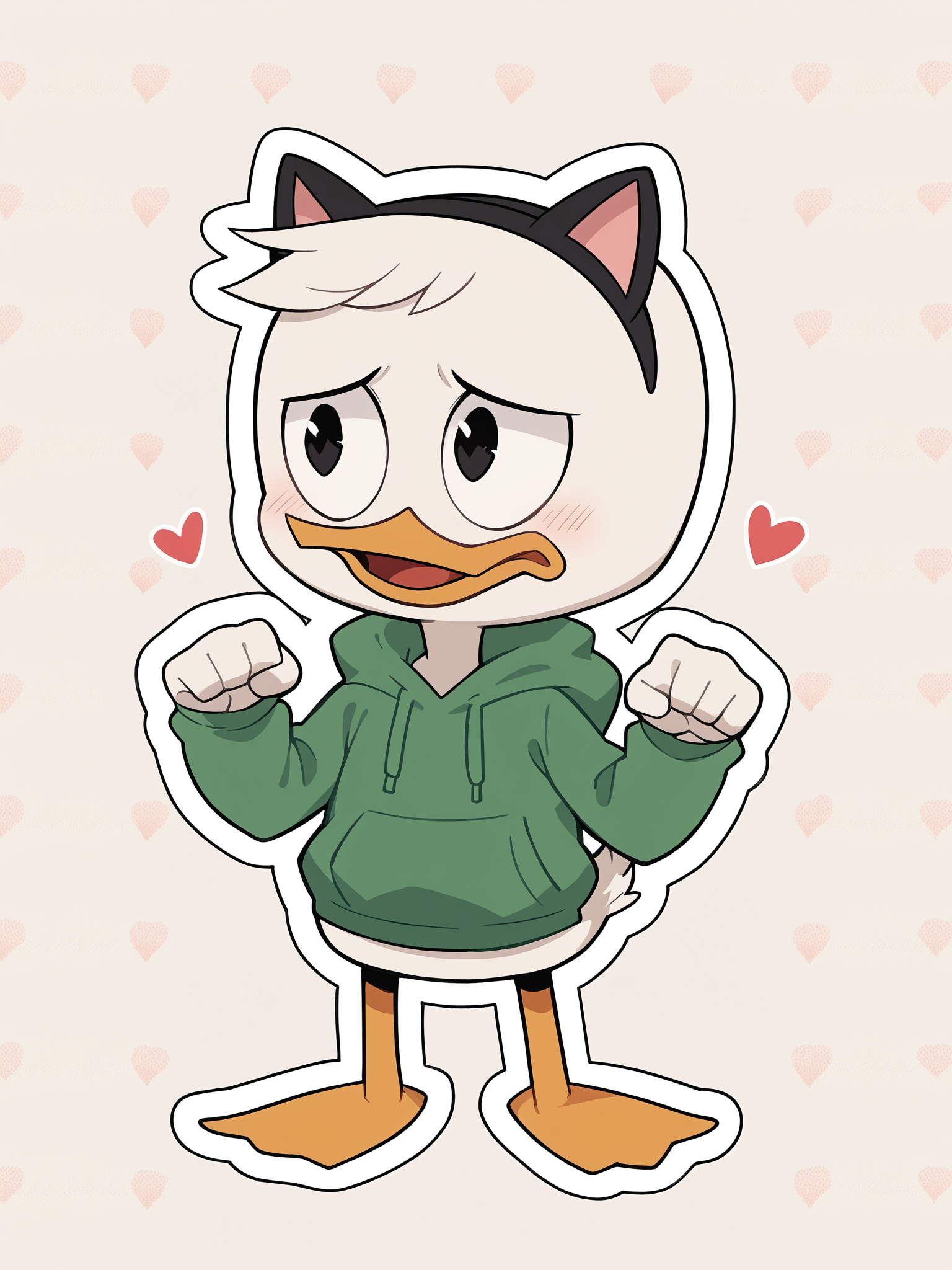 score_9, score_8_up, score_7_up, score_6_up, score_5_up, best quality, highres, source_furry, sticker, white outline, (heart background, pattern background, simple background:1.2)
1boy, solo, duck, beak, louiepdxl, young, full body, webbed feet, paw pose, fake cat ears, hairband, black eyes, looking away, whiskers, makeup, short tail, raised eyebrows, white skin, short hair, embarrassed, green hoodie <lora:Louie_Duck:0.9>  <lora:Stickers_Lora_for_Pony_Pony_XL:0.75>