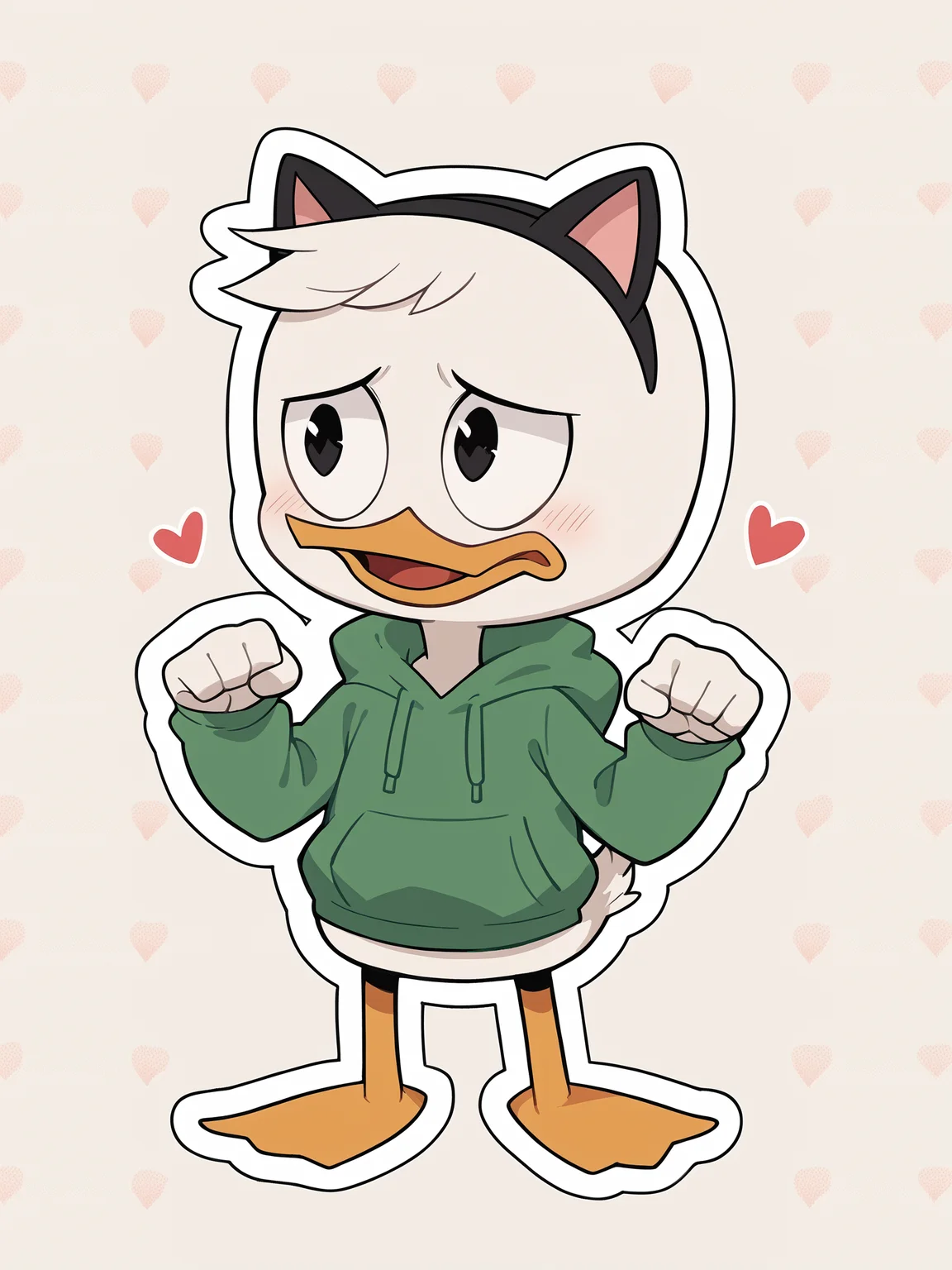 score_9, score_8_up, score_7_up, score_6_up, score_5_up, best quality, highres, source_furry, sticker, white outline, (heart background, pattern background, simple background:1.2)
1boy, solo, duck, beak, louiepdxl, young, full body, webbed feet, paw pose, fake cat ears, hairband, black eyes, looking away, whiskers, makeup, short tail, raised eyebrows, white skin, short hair, embarrassed, green hoodie <lora:Louie_Duck:0.9> <lora:Stickers_Lora_for_Pony_Pony_XL:0.75>