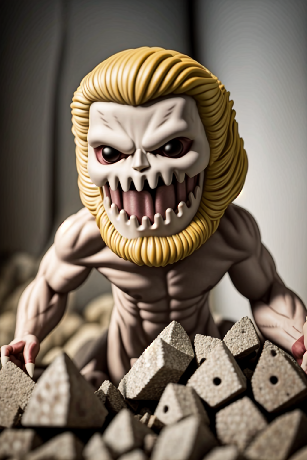 <lora:LCM_LoRA_Weights_SD15:1> <lora:yomama_pop_toys-10:1>yomama_pop_toys<lora:yomama_jaw_titan-10:0.8> yomama_jaw_titan, open mouth, sharp teeth, blonde hair, claws