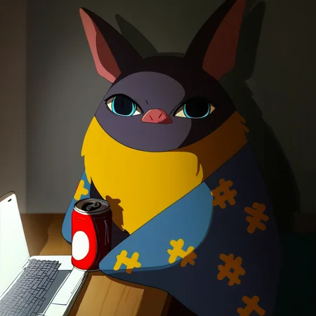 score_9, score_8_up, score_7_up, furry, Hidabat, bat, dark fur, yellow neck tuft, blue wings, pink nose, blue eyes, cartoon style, 2d, solo, using laptop, at desk, soda can on desk, looking at viewer, inside, dark room