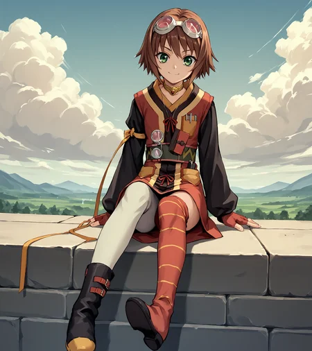 score_9, score_8_up, score_7_up, score_6_up, score_5_up, score_4_up, BREAK source_anime,
1girl, solo, <lora:RitaMordio:0.9>, Rita Mordio, green eyes, brown hair, short hair, flat chest, goggles on head, choker, red dress, black sleeves, fingerless gloves, single leg pantyhose, asymmetric legwear, boots,
looking at viewer, smile, sitting, front view,, full body ,
<lora:Chocochip:1>,,
outdoors, sky, clouds,