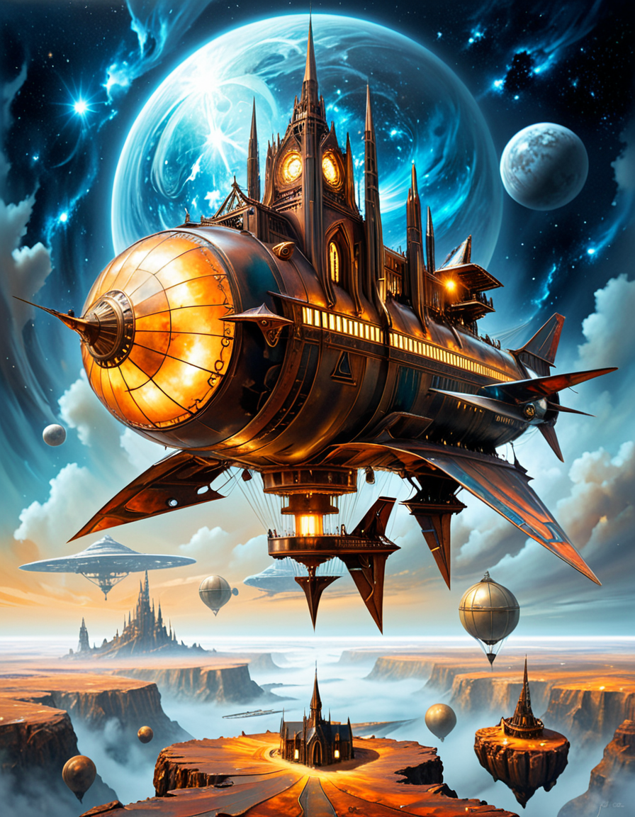 A surreal, steampunk-style painting in the style of JarosÅaw Jasnikowski, depicting a colossal, gothic-mechanical spaceship drifting through the vastness of space. The ship is inhabited by the remnants of humanity, fully transformed into biomechanical cyborgs. The vessel is an ornate fusion of cathedral-like architecture and industrial machinery: bronze towers, rotating gears, stained glass panels glowing with alien light, and massive turbines spinning slowly in zero gravity. Cyborg figures walk along the outer hull, tethered by glowing cables, maintaining the vessel as it glides through a star-filled void. Their bodies are a blend of flesh and complex mechanical systemsâcogs, tubes, exposed circuitry, and metallic limbsâall designed in an absurd, baroque fashion. The backdrop is a deep cosmic expanse with nebulas, stars, and shattered planetary fragments floating around. The lighting is dramatic, with reflections bouncing off polished metal surfaces, casting surreal, elongated shadows. The scene conveys both grandeur and loneliness, emphasizing the transformation of humanity into a forgotten, drifting civilization. The atmosphere is deeply symbolic, with Jasnikowskiâs signature distorted perspective and dreamlike, metaphysical tone.<lora:SDXLFaeTastic2400:0.4> <lora:extremely_detailed:0.4> extremely detailed, <lora:JarosÅaw_J4sn1k0wsk1_r1:1>,JarosÅaw J4sn1k0wsk1, Masterpiece,best quality,hi res,8k,hi res,8k,award winning,(sharp focus, intricate, highly detailed),