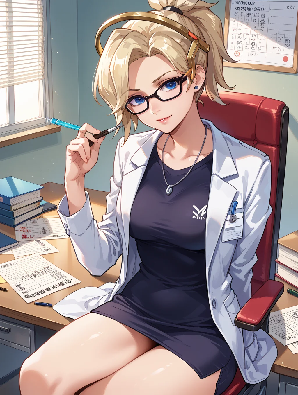 score_9, score_8_up, score_7_up,source_anime,BREAK,
mercy_overwatch, doctor, labcoat, syringe, calligraphy brush, sitting, looking at viewer, head tilt, desk, writing, on chair, office, glasses, black_shirt,
<lora:mercy_overwatch:1>