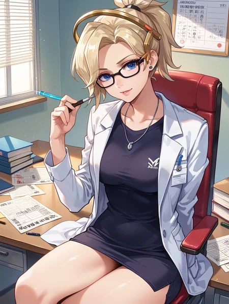 score_9, score_8_up, score_7_up,source_anime,BREAK,
mercy_overwatch, doctor, labcoat, syringe, calligraphy brush, sitting, looking at viewer, head tilt, desk, writing, on chair, office, glasses, black_shirt,
<lora:mercy_overwatch:1>