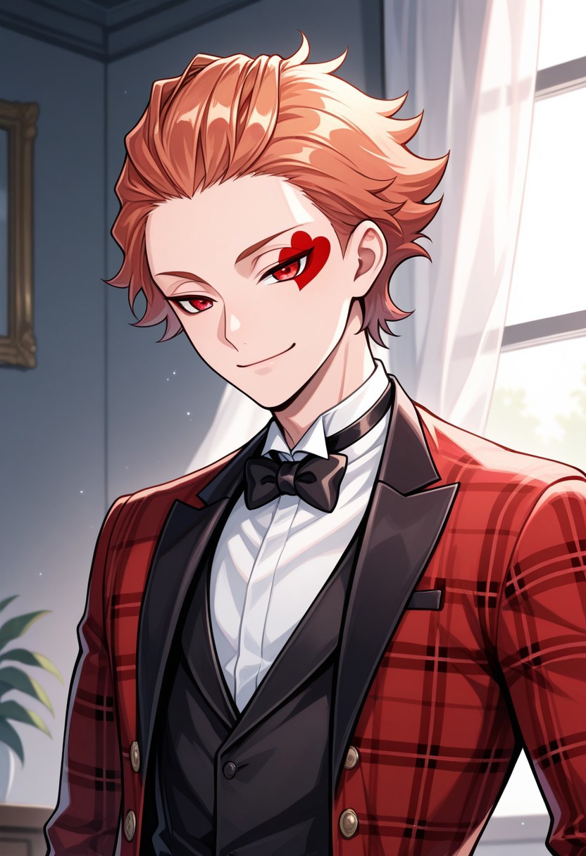 masterpiece,best quality,amazing quality, source_anime, 
acetrappola, 1boy, male focus, solo, red eyes, orange hair, hair slicked back, facial tattoo, heart tattoo, formal, shirt, white shirt, collared shirt, black bowtie, vest, black vest, jacket, red jacket, plaid jacket, open jacket,  smile, happy, closed mouth, cute, window, curtains,