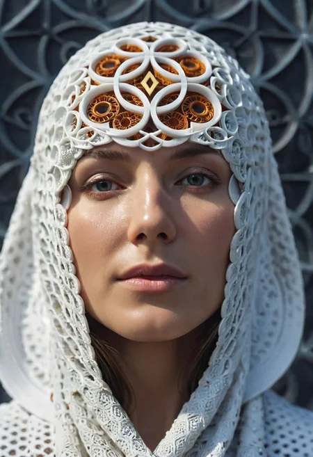 Wiking Woman's Face covered with the symbol of infinity &~, macro, action shot, photo in phst artstyle, scaleborn, scales, hexagonal scales, sacred geometry, , mathematics, music, geometry, color harmony