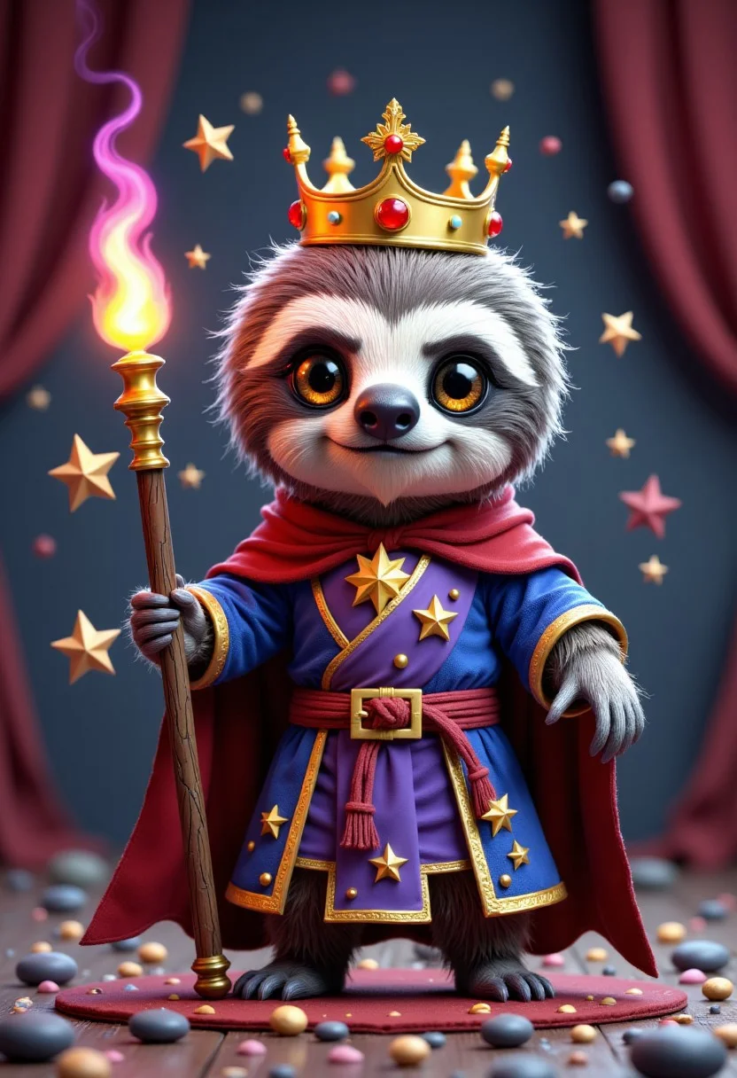 a super realistic3ds max rtx rendered cute sloth king with crown, holding a magic staff and wearing a magic robe. As super hero game character, Poster style Artwork.
, aidmaHiDreamStyle