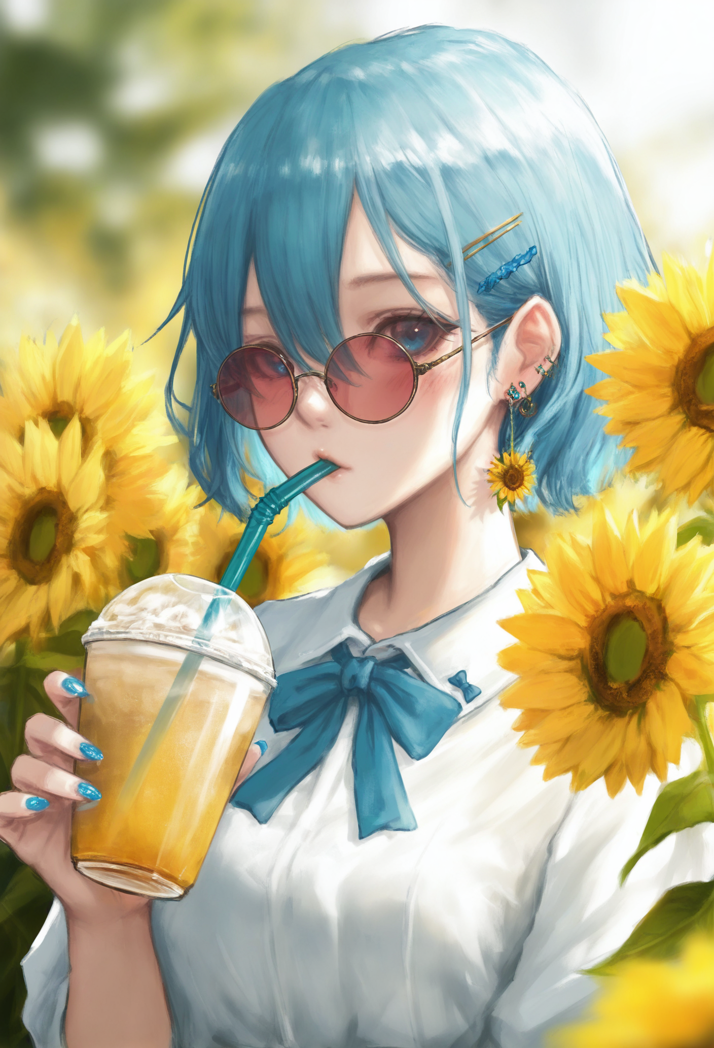 1girl, 
flower, solo, holding cup, drinking straw, holding, cup, blue eyes, bow, sunflower, looking at viewer, blue nails, short hair, sunglasses, looking over eyewear, shirt, drinking, blue hair, hair ornament, earrings, nail polish, upper body, tinted eyewear, round eyewear, jewelry, drinking straw in mouth, bowtie, yellow theme, blue bow, glasses, red-tinted eyewear, blush, hair between eyes, hairclip, holding flower, white shirt,
.
masterpiece, best quality, very aesthetic, absurdres
 <lora:akafornoob:0.95>