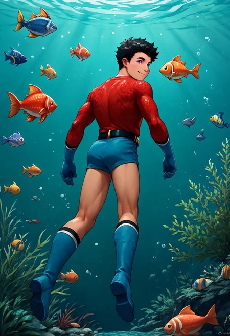 score_9, score_8_up, score_7_up, 1boy, solo, male focus, cute boy, young, Aqualad, Black Hair, Purple eyes, seductive smile, floating underwater, Red Scale Shirt, fish scales pattern, Blue Speedo, Blue Shorts, Male Swimwear, Blue Gloves, Blue Boots, Belt, from behind, looking back