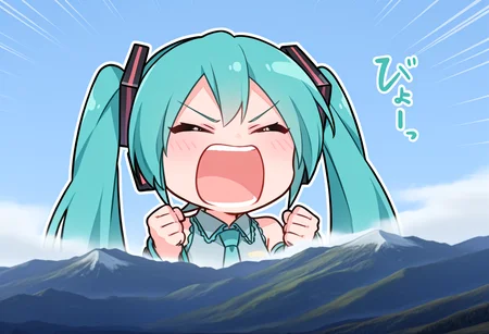 masterpiece, high quality, best quality, 1girl, solo, giantess, hatsune miku, chibi, upper body, landscape, closed eyes, shouting, mountain, mountainous horizon, sky, cloud, clenched hands, emphasis lines, sound effects, <lora:big_enough_meme:1>