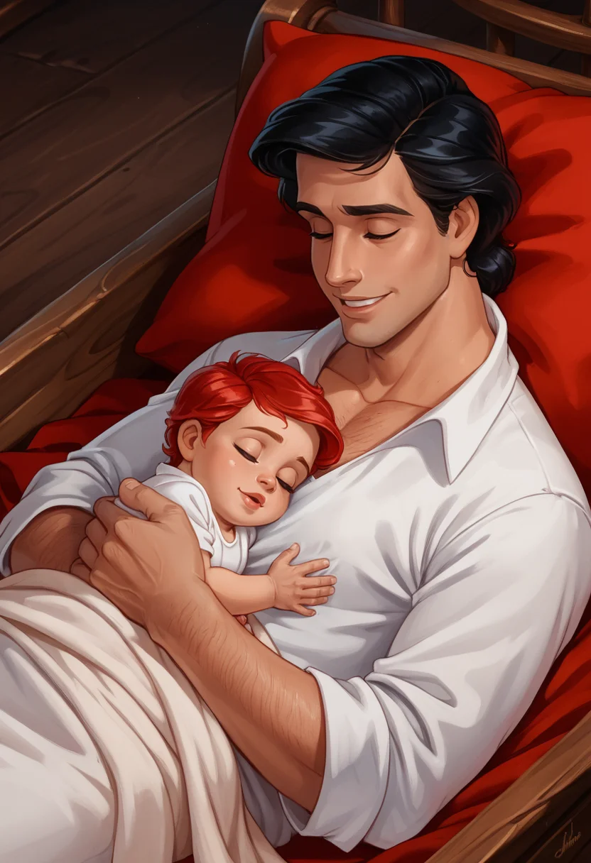 Prince_Eric_LTM, young man (black hair, looks at baby, gaze of love and affection, awake), holding newborn baby (baby has red hair), (baby is wrapped in blanket), newborn, sleeping_baby), on fantasy wooden ship, father and baby, father's love, baby is in father's hands,
<lora:last:1>, <lora:add-detail-xl:1>, <lora:zPDXL3:1>, zPDXL3