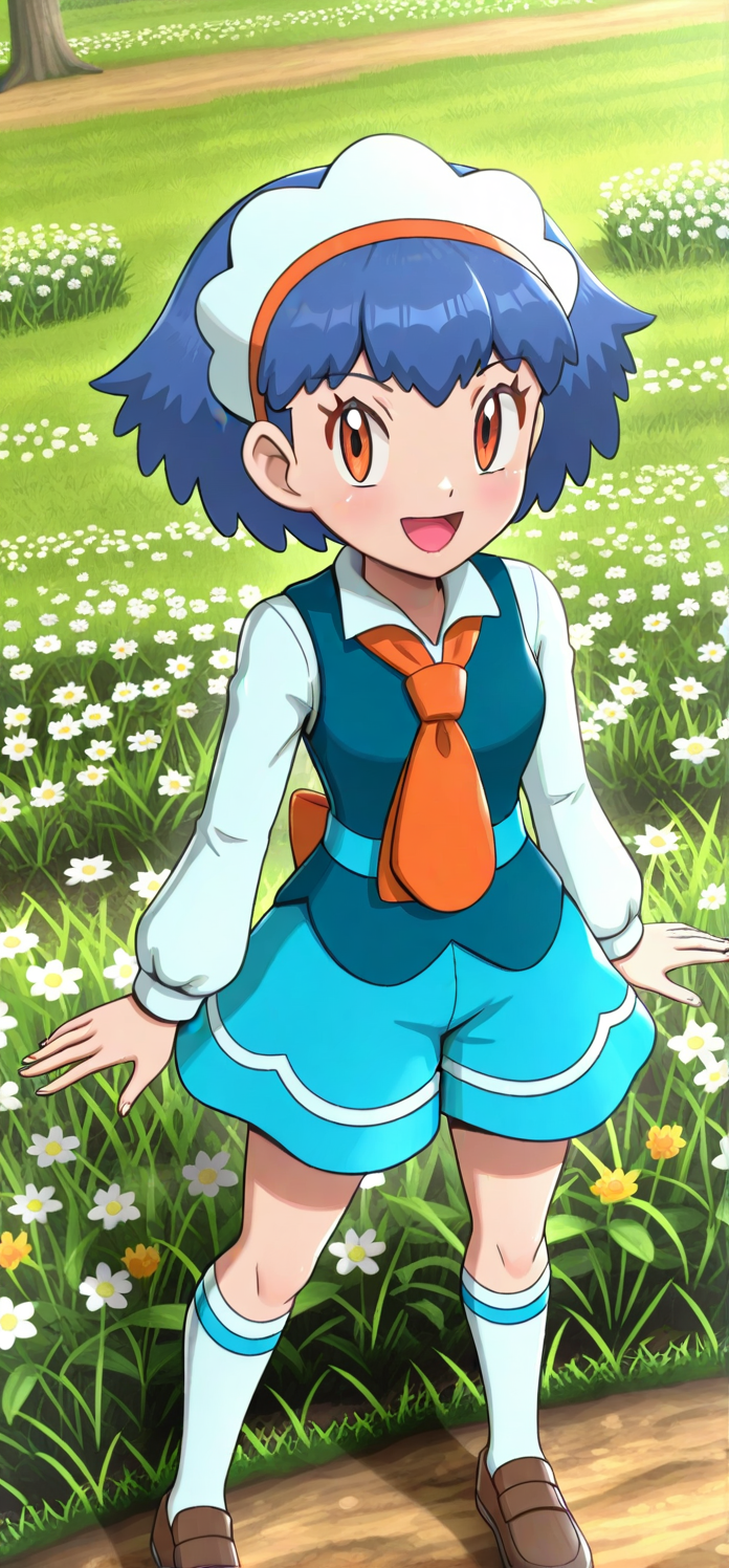 [hinosaki, pokemoa, gonzarez], 2d, masterpiece, best quality, amazing quality, 1girl, solo, close-up, standing, open mouth, smile, looking at viewer, meadow, ,xymiette, miette \(pokemon\), orange eyes, blue hair, short hair, headdress, vest, collared shirt, long sleeves, skirt, orange necktie, kneehighs, white socks, loafers, brown footwear