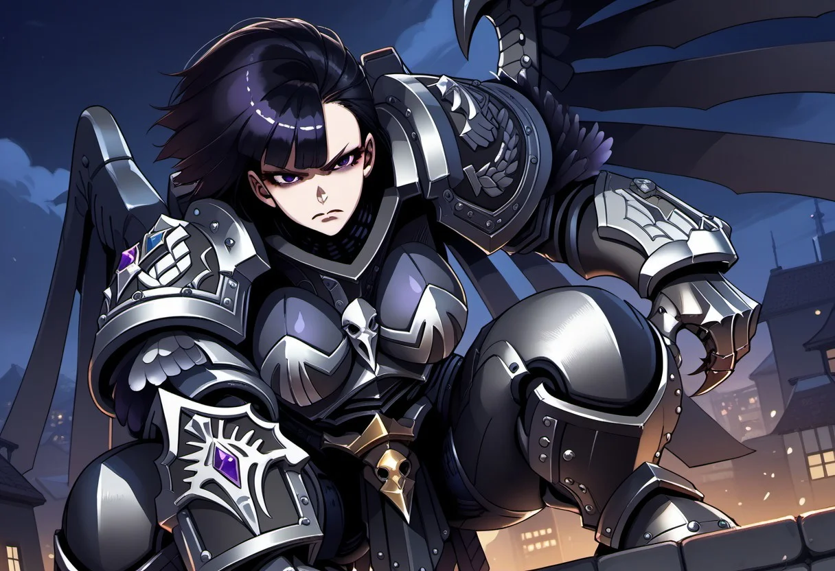 Score_9, score_8_up, score_7_up, score_6_up, score_5_up, score_4_up, 1girl, solo, CorvinaXL, black hair, bangs, short hair, purple eyes, large breasts, armour, shoulder armor, winged jump-pack, gauntlets, armored boots, wrist claws, scowl, squat, rooftop, night, below view