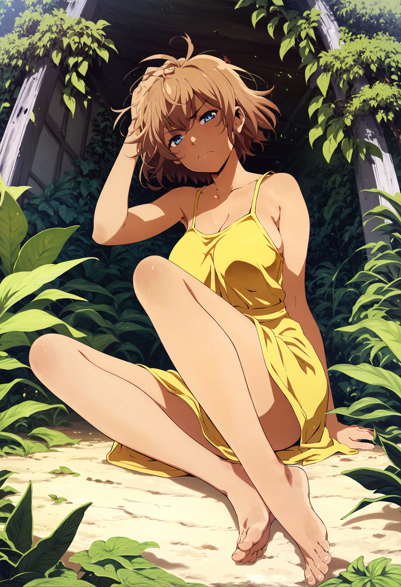 score_9,score_8_up,score_7_up,score_6_up,source_anime,<lora:MeMaXL_V3:1>,1girl,from below,brown skin,brown hair,short messy hair,blue eyes,looking at viewer,scowl,half-closed eyes,happy,yellow sundress,sitting on the ground,large breast,barefoot,hand on head,