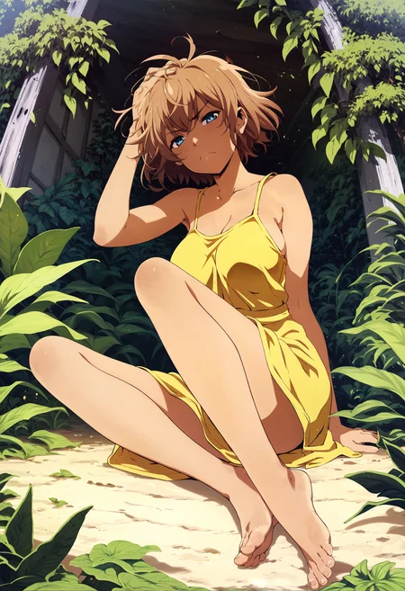 score_9,score_8_up,score_7_up,score_6_up,source_anime,<lora:MeMaXL_V3:1>,1girl,from below,brown skin,brown hair,short messy hair,blue eyes,looking at viewer,scowl,half-closed eyes,happy,yellow sundress,sitting on the ground,large breast,barefoot,hand on head,