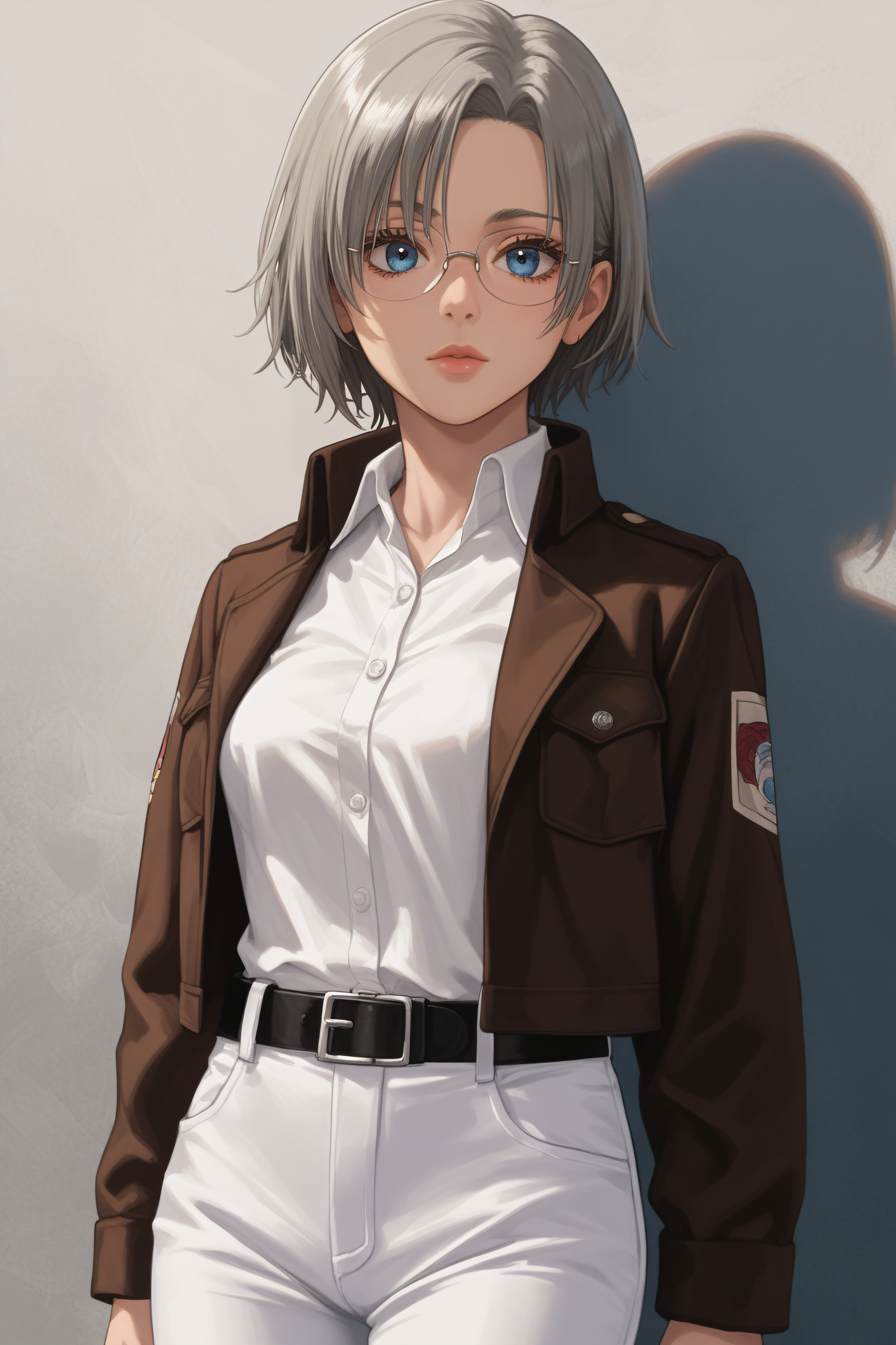 score_9, score_8_up, score_7_up, BREAK source_anime, <lora:Rico Brzenska-PonyXL-lora-Faxtron:1> rico brzenska, blue eyes, grey hair, short hair, medium breasts, glasses, white shirt, open cropped brown jacket, long sleeves, white pants, emblem, belt, standing,