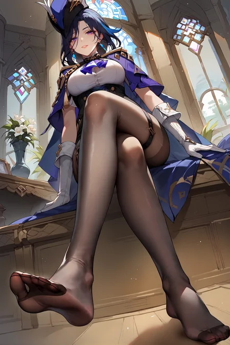 score_9, score_8_up, score_7_up, source anime, 1girl, clorinde \(genshin impact\), tricorne, black pantyhose, earrings, blue cape, white gloves, pencil skirt, white shirt, thigh strap, underbust, ascot, sitting, crossed legs, from below, on couch, windows, living room, foot focus, no shoes, gasping, ecstasy, seductive smile <lora:Char-Genshin-Clorinde-Pony-V1:0.9> <lora:Expressive_H:0.8>